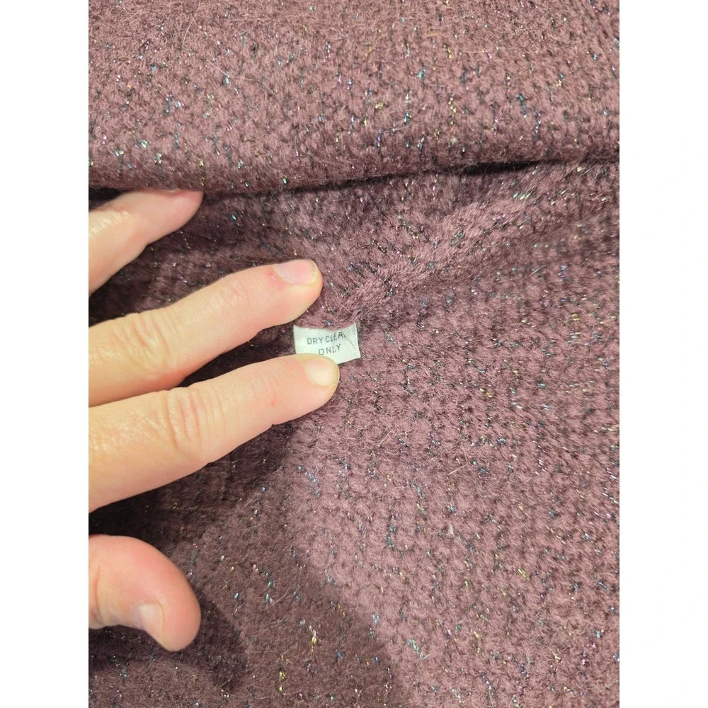 St John 3 Pc Skirt Suit Set Metallic Knit Cardigan Satin Bow Blouse Plum Mauve